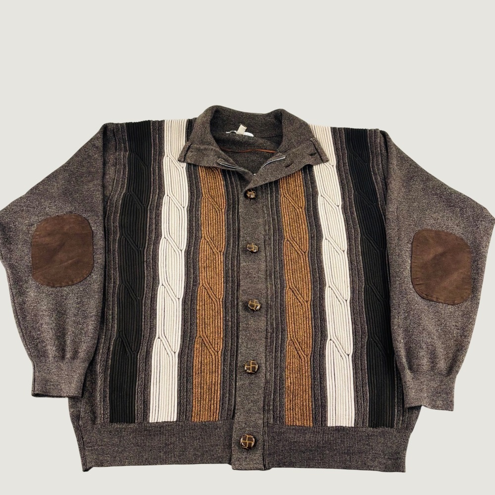 Vtg. Silver Silk Full Zip Button 3D Knit Pattern Elbow Patch Brown 3XL Sweater